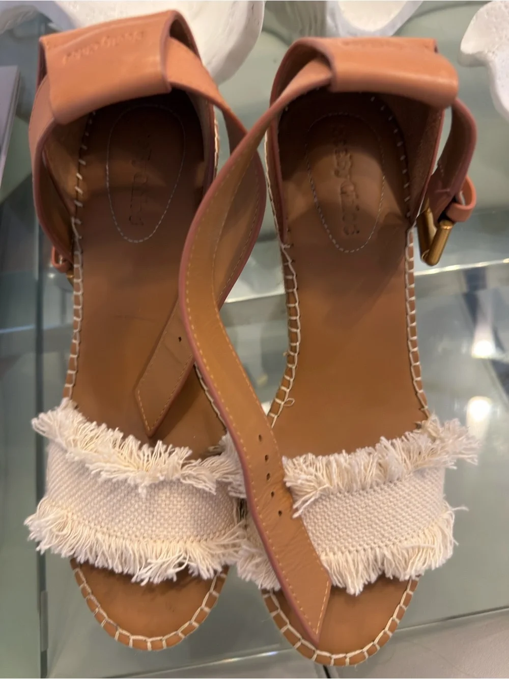 Chloe Tan and Cream Espadrille Wedge Sandals